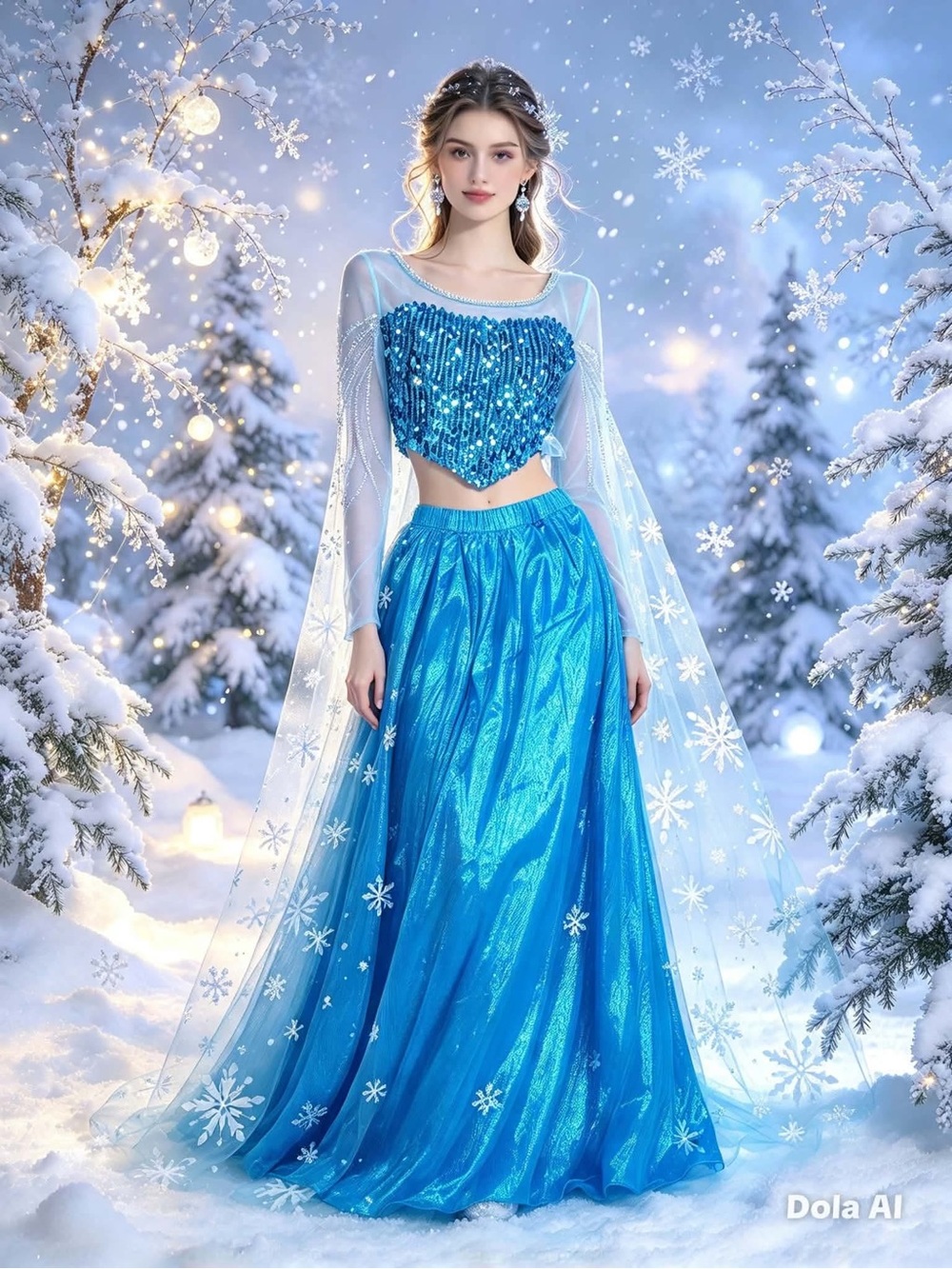 Blue Sequin Two-Piece Evening Dress with Sheer Snowflake Cape